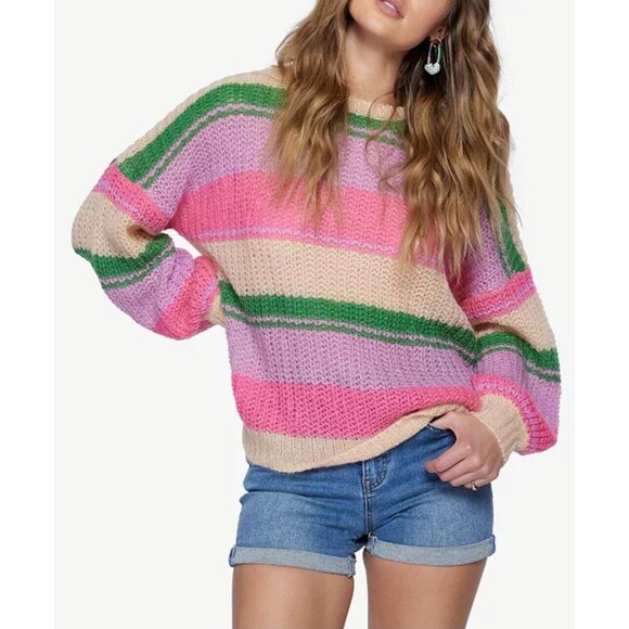O'Neill Sweaters - O'Neil Juniors Lake View Striped Drop-Shoulder Sweater Size S Colorful Oversized
